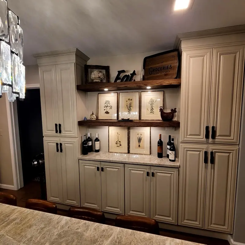 Custom cabinetry and open shelving