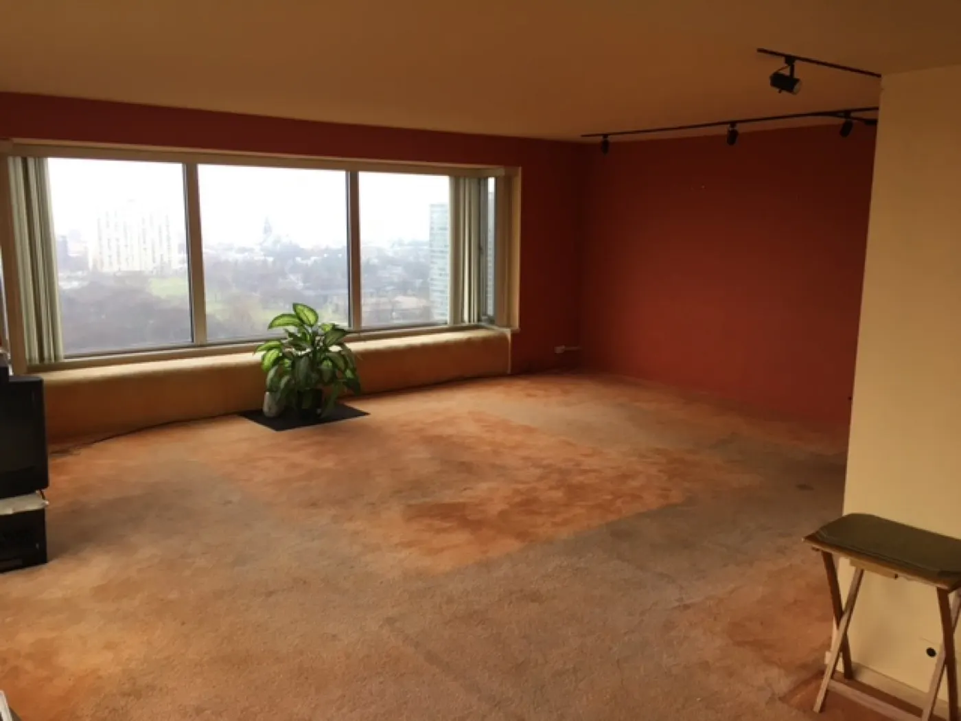 Living room before — empty high-rise apartment with original carpet
